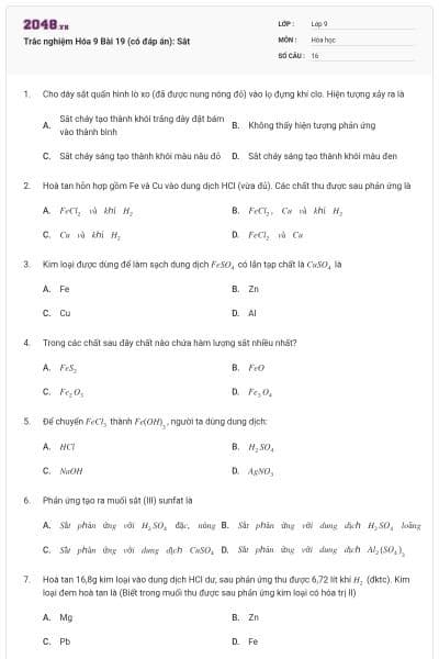 Trắc nghiệm Hóa 9 Bài 19 (có đáp án): Sắt