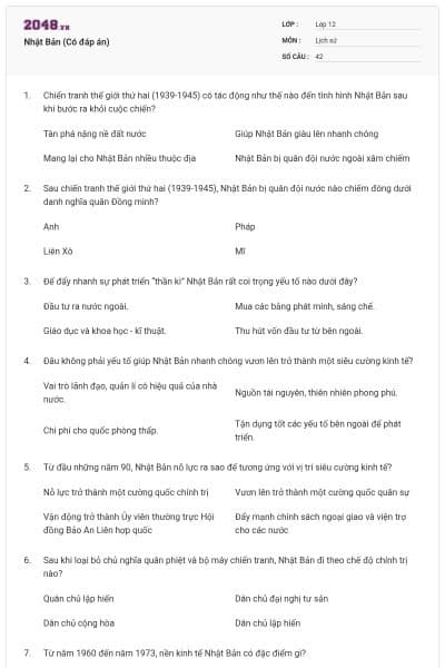 Nhật Bản (Có đáp án)