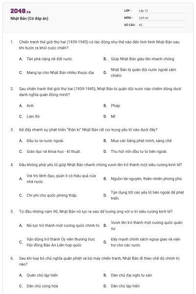 Nhật Bản (Có đáp án)
