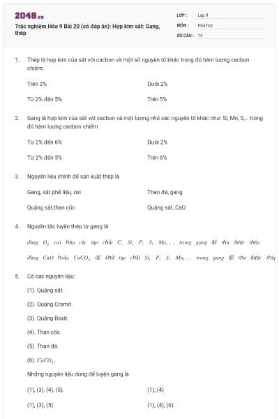 Trắc nghiệm Hóa 9 Bài 20 (có đáp án): Hợp kim sắt: Gang, thép