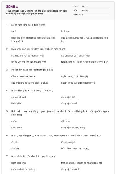 Trắc nghiệm Hóa 9 Bài 21 (có đáp án): Sự ăn mòn kim loại và bảo vệ kim loại không bị ăn mòn