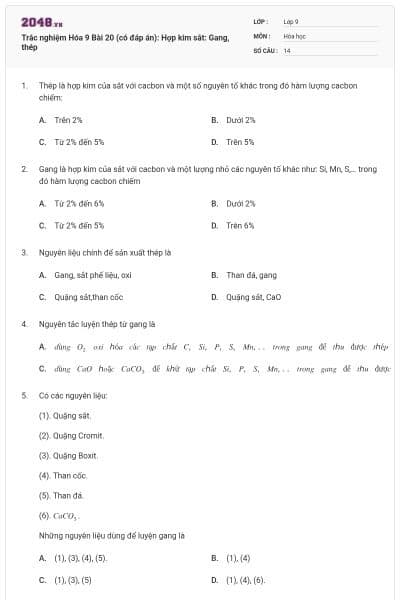 Trắc nghiệm Hóa 9 Bài 20 (có đáp án): Hợp kim sắt: Gang, thép