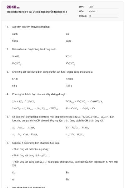 Trắc nghiệm Hóa 9 Bài 24 (có đáp án): Ôn tập học kì 1