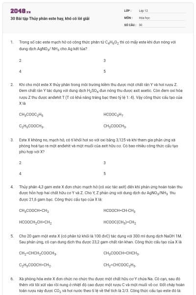 30 Bài tập Thủy phân este hay, khó có lời giải