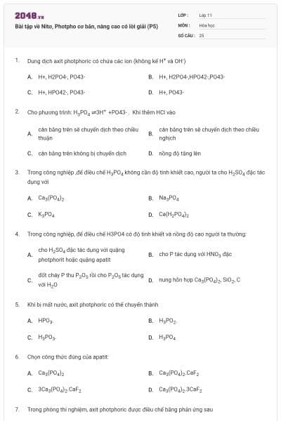 Bài tập về Nitơ, Photpho cơ bản, nâng cao có lời giải (P5)