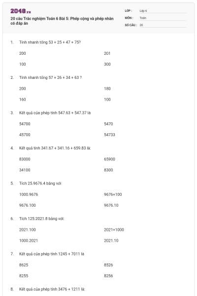 20 câu Trắc nghiệm Toán 6 Bài 5: Phép cộng và phép nhân có đáp án