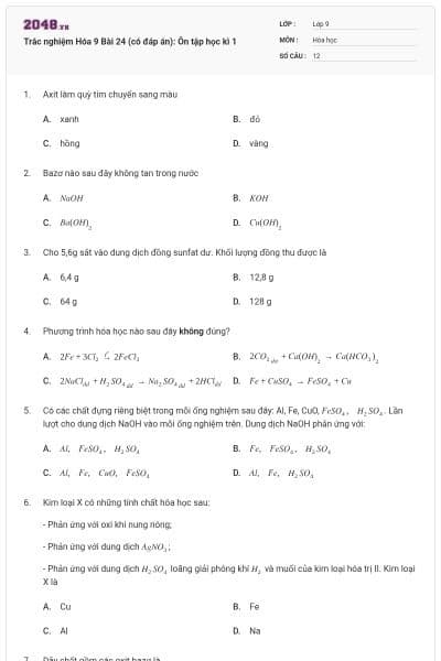 Trắc nghiệm Hóa 9 Bài 24 (có đáp án): Ôn tập học kì 1