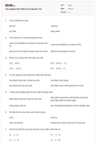 Trắc nghiệm Hóa 9 Bài 26 (có đáp án): Clo