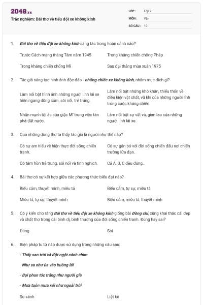 Trắc nghiệm: Bài thơ về tiểu đội xe không kính