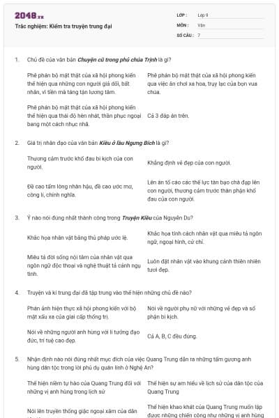 Trắc nghiệm: Kiểm tra truyện trung đại