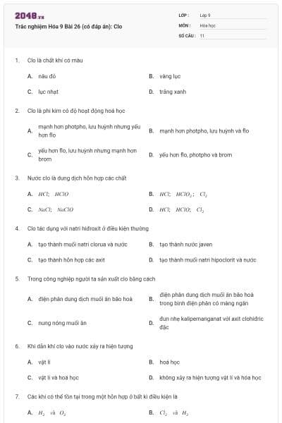 Trắc nghiệm Hóa 9 Bài 26 (có đáp án): Clo