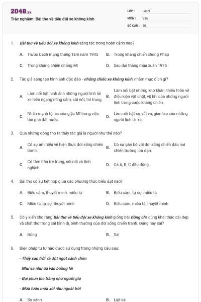 Trắc nghiệm: Bài thơ về tiểu đội xe không kính