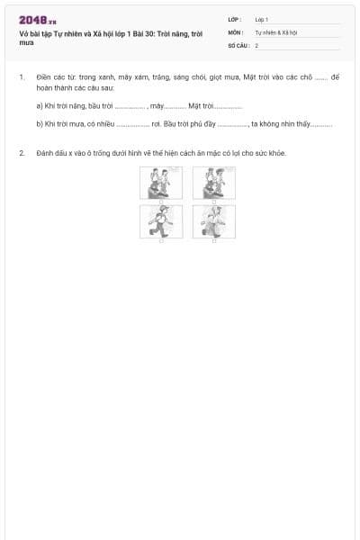 Vở bài tập Tự nhiên và Xã hội lớp 1 Bài 30: Trời nắng, trời mưa