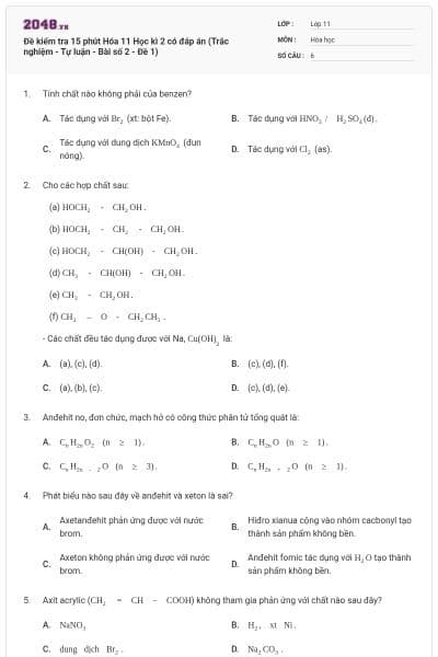 Đề kiểm tra 15 phút Hóa 11 Học kì 2 có đáp án (Trắc nghiệm - Tự luận - Bài số 2 - Đề 1)