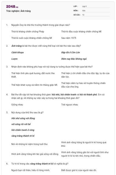 Trắc nghiệm: Ánh trăng