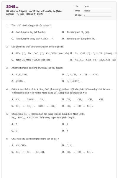 Đề kiểm tra 15 phút Hóa 11 Học kì 2 có đáp án (Trắc nghiệm - Tự luận - Bài số 2 - Đề 2)