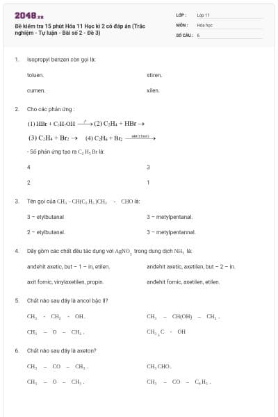 Đề kiểm tra 15 phút Hóa 11 Học kì 2 có đáp án (Trắc nghiệm - Tự luận - Bài số 2 - Đề 3)