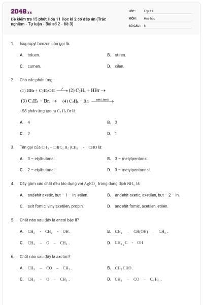Đề kiểm tra 15 phút Hóa 11 Học kì 2 có đáp án (Trắc nghiệm - Tự luận - Bài số 2 - Đề 3)