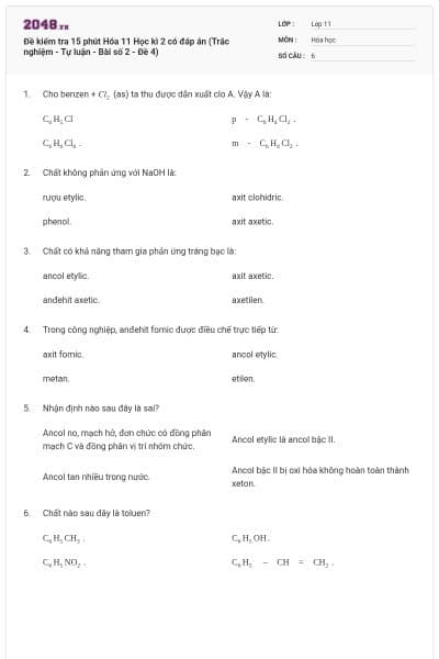 Đề kiểm tra 15 phút Hóa 11 Học kì 2 có đáp án (Trắc nghiệm - Tự luận - Bài số 2 - Đề 4)