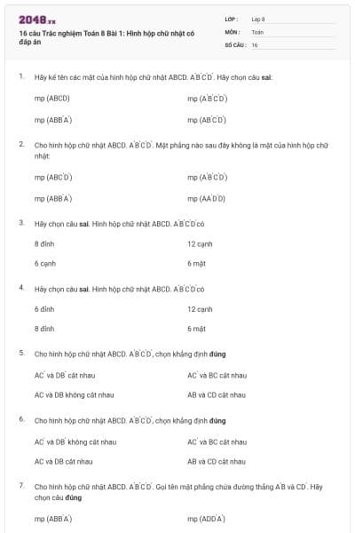16 câu Trắc nghiệm Toán 8 Bài 1: Hình hộp chữ nhật có đáp án