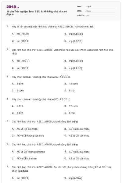 16 câu Trắc nghiệm Toán 8 Bài 1: Hình hộp chữ nhật có đáp án