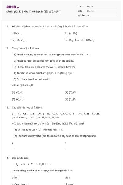 Đề thi giữa kì 2 Hóa 11 có đáp án (Bài số 2 - Đề 1)