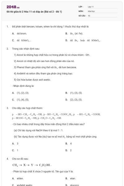 Đề thi giữa kì 2 Hóa 11 có đáp án (Bài số 2 - Đề 1)