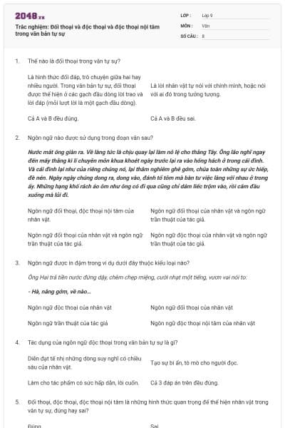 Trắc nghiệm: Đối thoại và độc thoại và độc thoại nội tâm trong văn bản tự sự