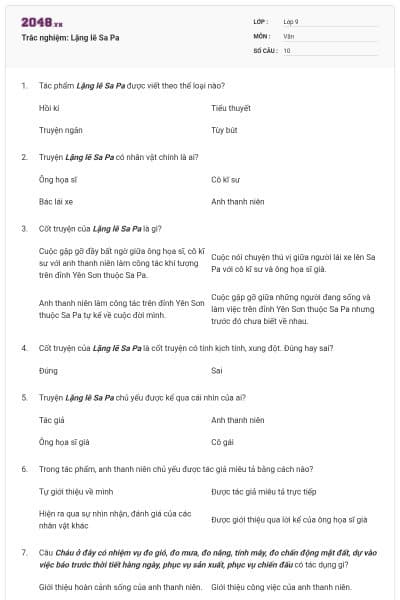Trắc nghiệm: Lặng lẽ Sa Pa