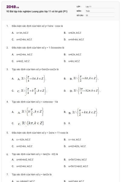 93 Bài tập trắc nghiệm Lượng giác lớp 11 có lời giải (P1)
