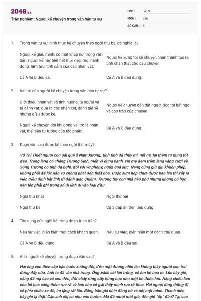 Trắc nghiệm: Người kể chuyện trong văn bản tự sự
