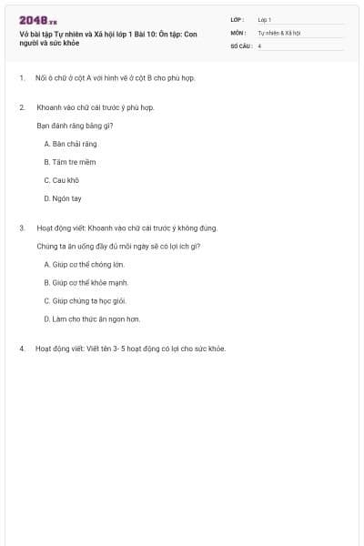 Vở bài tập Tự nhiên và Xã hội lớp 1 Bài 10: Ôn tập: Con người và sức khỏe