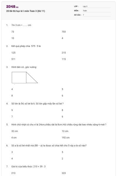 20 Đề thi học kì I môn Toán 3 (Đề 11)