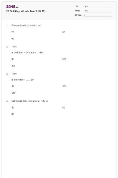 20 Đề thi học kì I môn Toán 3 (Đề 12)