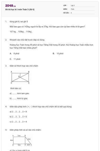 Đề thi học kì I môn Toán 3 (đề 6)