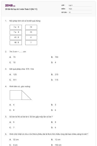 20 Đề thi học kì I môn Toán 3 (Đề 11)