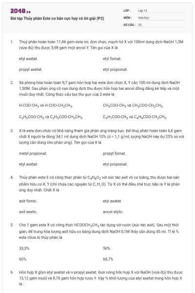 Bài tập Thủy phân Este cơ bản cực hay có lời giải (P2)