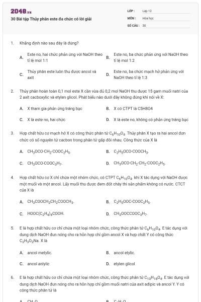 30 Bài tập Thủy phân este đa chức có lời giải