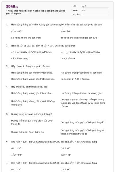 17 câu Trắc nghiệm Toán 7 Bài 2: Hai đường thẳng vuông góc có đáp án