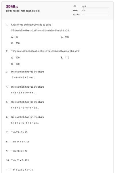 Đề thi học kì I môn Toán 3 (đề 8)