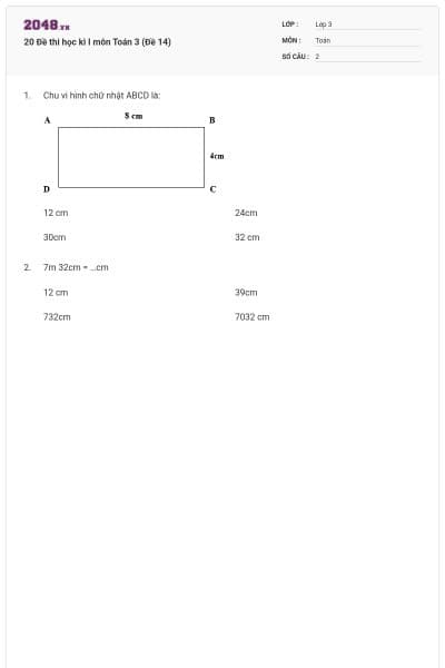 20 Đề thi học kì I môn Toán 3 (Đề 14)