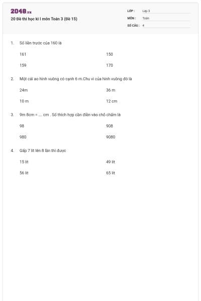 20 Đề thi học kì I môn Toán 3 (Đề 15)