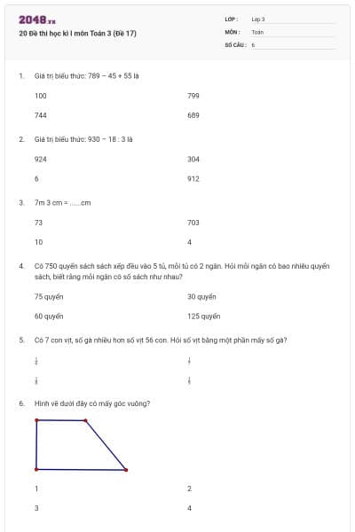 20 Đề thi học kì I môn Toán 3 (Đề 17)