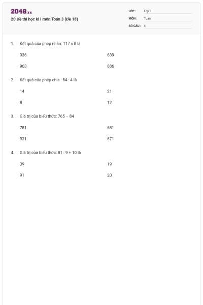 20 Đề thi học kì I môn Toán 3 (Đề 18)