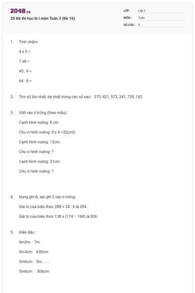 20 Đề thi học kì I môn Toán 3 (Đề 16)