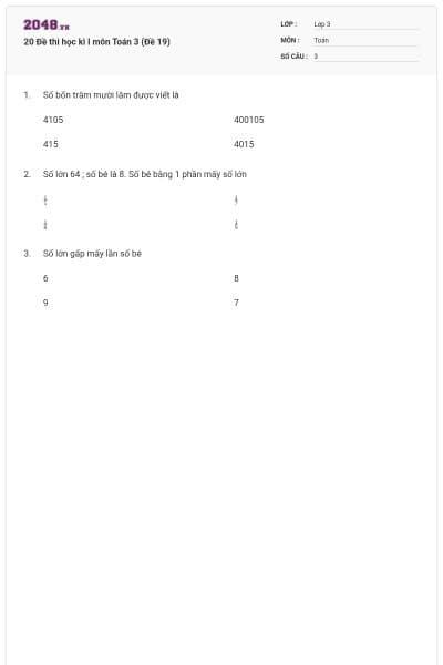 20 Đề thi học kì I môn Toán 3 (Đề 19)