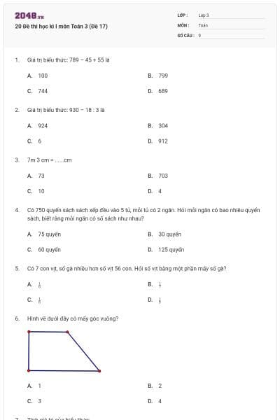 20 Đề thi học kì I môn Toán 3 (Đề 17)