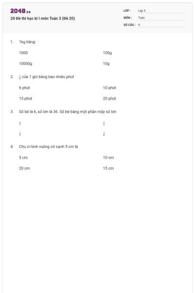 20 Đề thi học kì I môn Toán 3 (Đề 20)