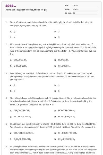 30 Bài tập Thủy phân este hay, khó có lời giải