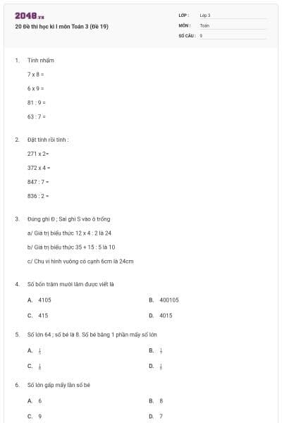 20 Đề thi học kì I môn Toán 3 (Đề 19)